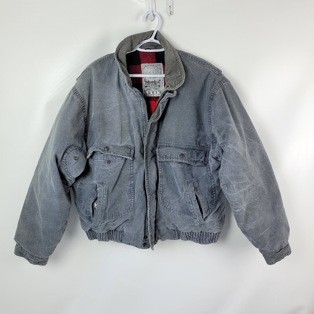 Levis Vintage Flannel Lined Chore Barn Gray Jean Jacket Sz XL EUC